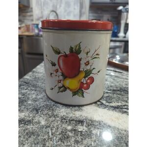 Vintage 1960's Decoware Tin Fruit Canister Red Lid Apple Pear Cherries